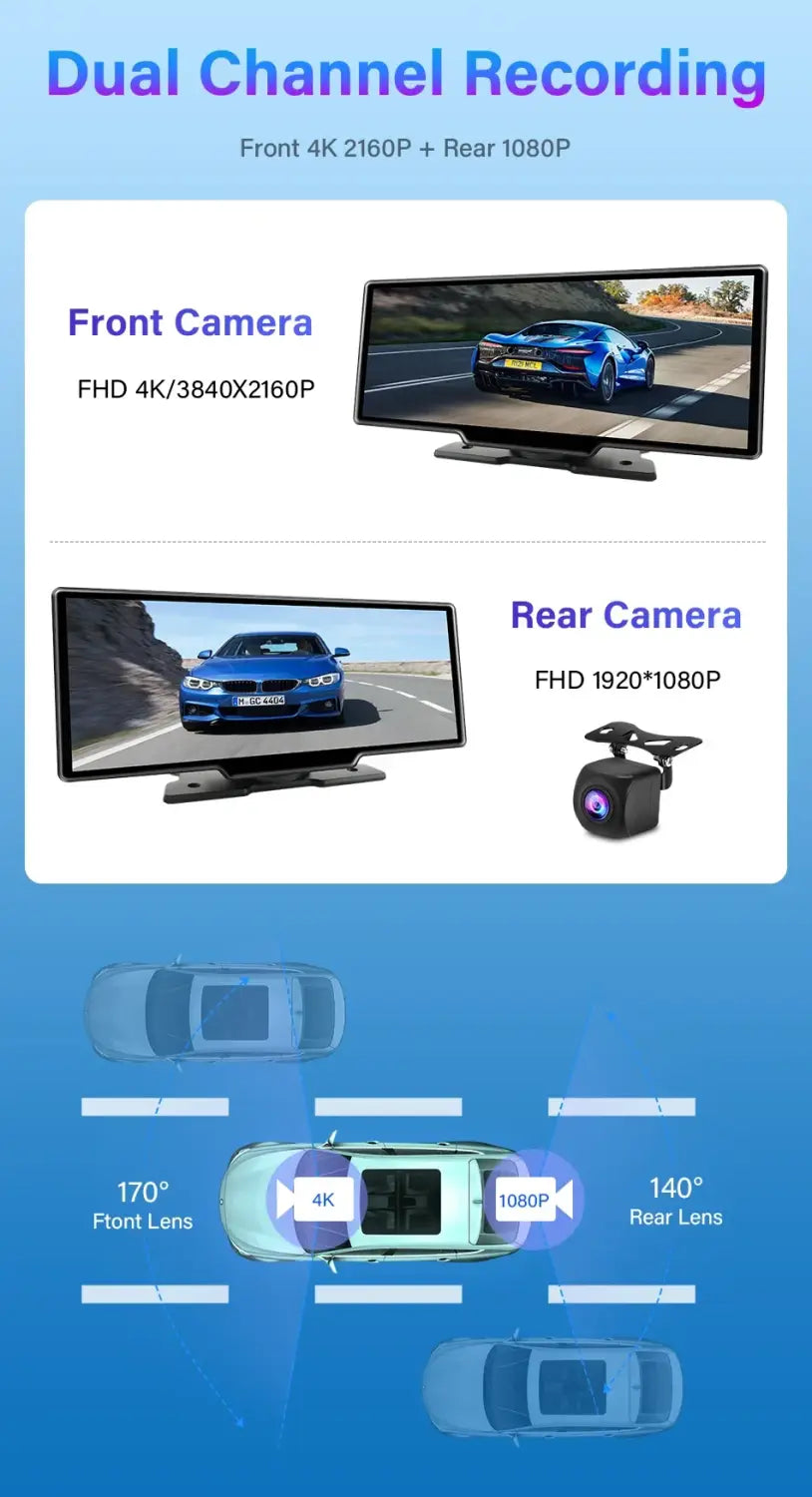 4K Dual-Channel Dash Cam Mirror with CarPlay Android Auto and Rear Camera
