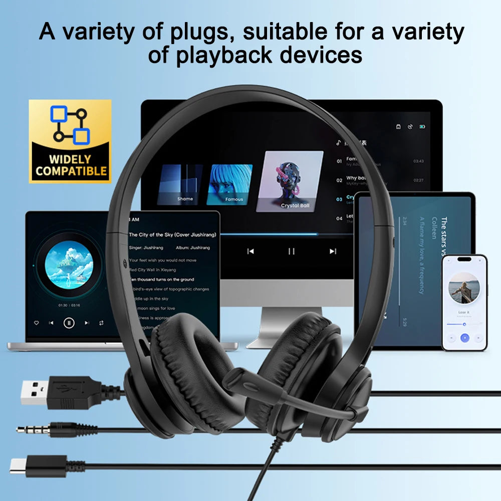 Wired USB Headset Call Center Headphones with Microphone Noise Cancelling Over Gaming 3.5MM For Compute