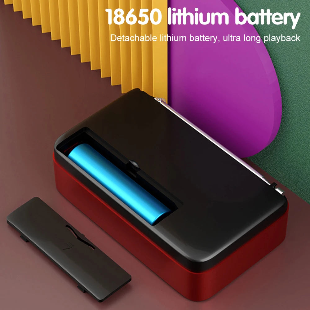 Vibrant blue 18650 battery in sleek red black case for portable radio music player