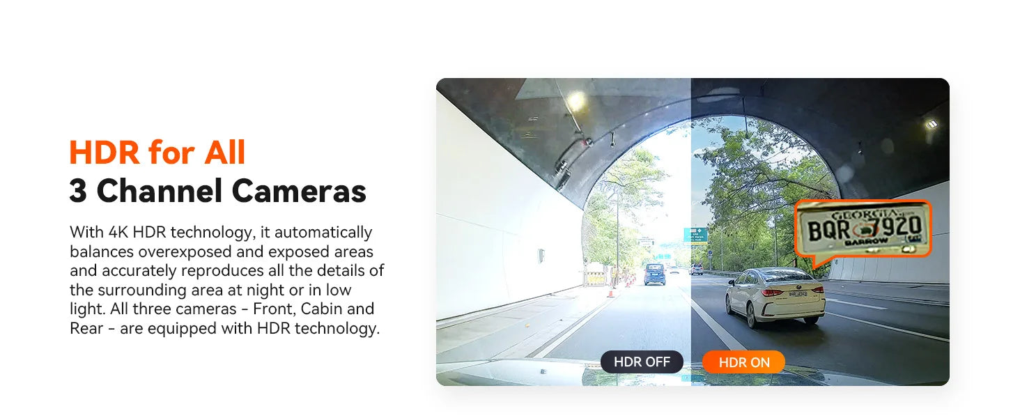 White car with Georgia plate BOR-7820 exiting tunnel, captured by 3-channel car DVR dash cam