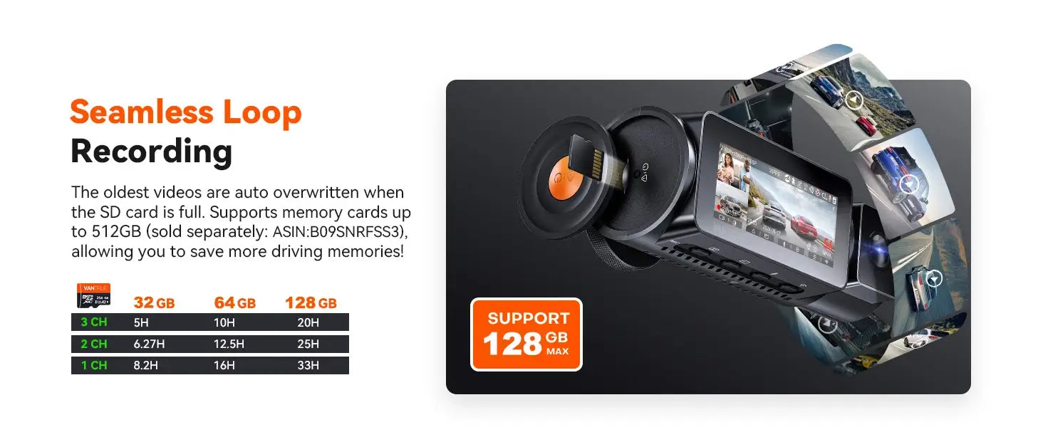 3-channel car DVR dash cam with UHD 4K 3-lens, GPS, black design, orange SD slot