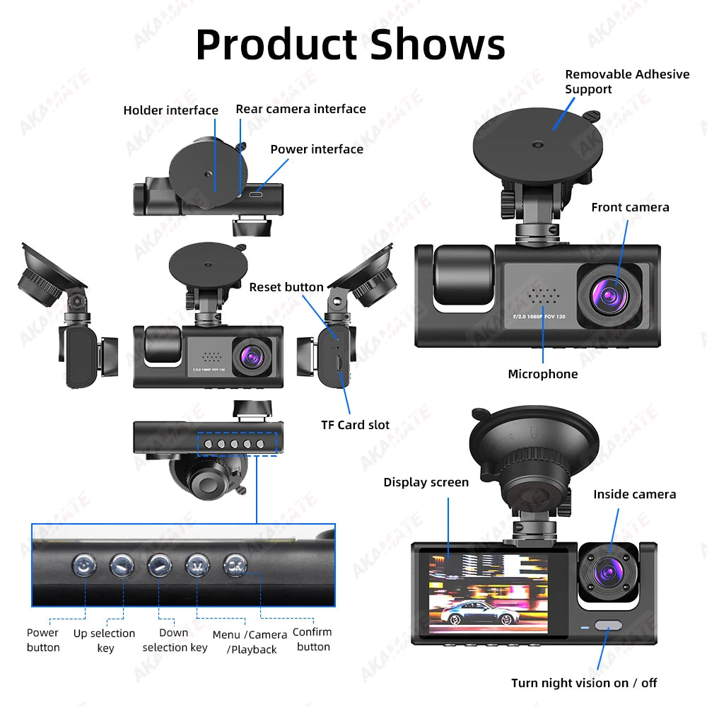Car DVR 3 Cameras Recorder Rear Inside Vehicle 3-Lens Dash Cam Three Way Camera DVRs Dashcam Channel Video Camcorde
