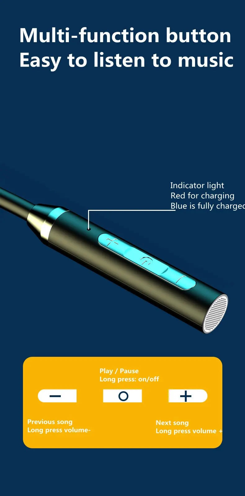 Black silicone neckband earphones multi-function button with blue LED charging light