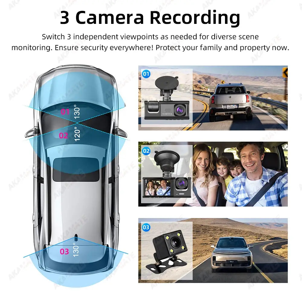 Car DVR 3 Cameras Recorder Rear Inside Vehicle 3-Lens Dash Cam Three Way Camera DVRs Dashcam Channel Video Camcorde
