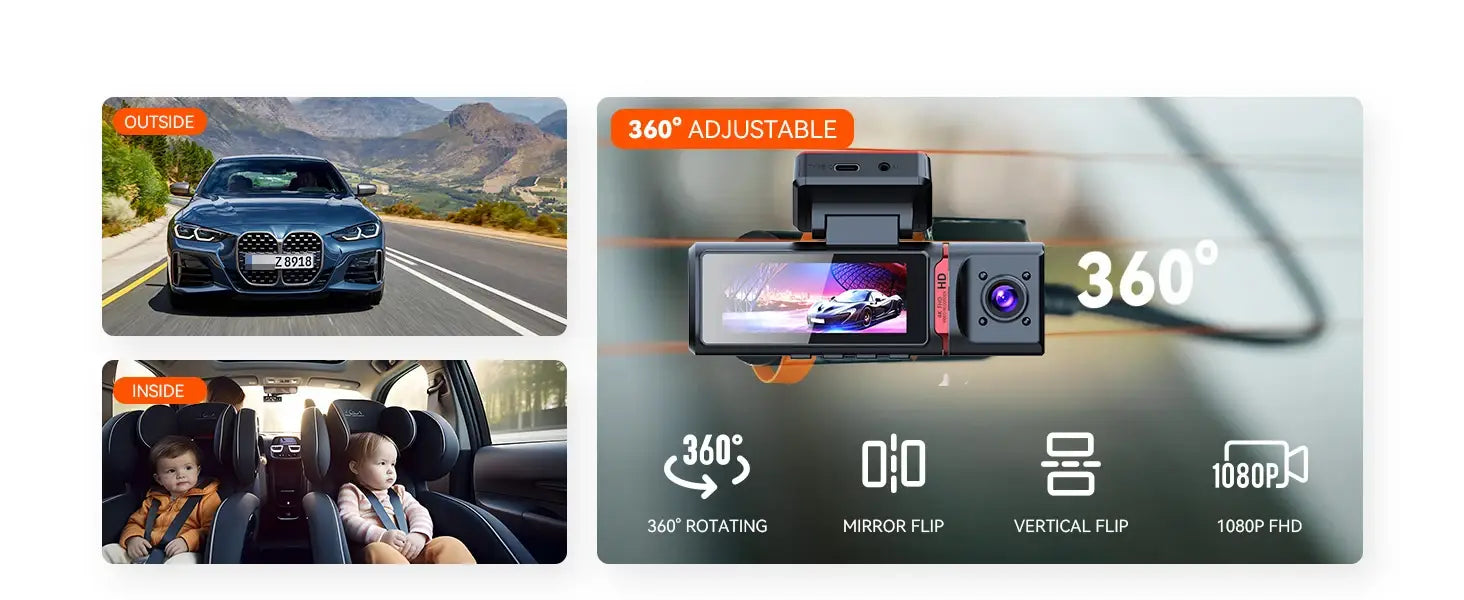 3 Channel Car DVR Dash Cam with 360-Degree Adjustable 4K UHD 3-Lens Design