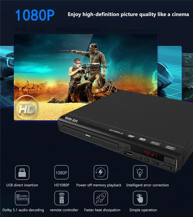 DVD Player 1080P Home Players Full HD Multimedia Digital TV Disc Support CD MP3 MP4 RW VCD Theatre System