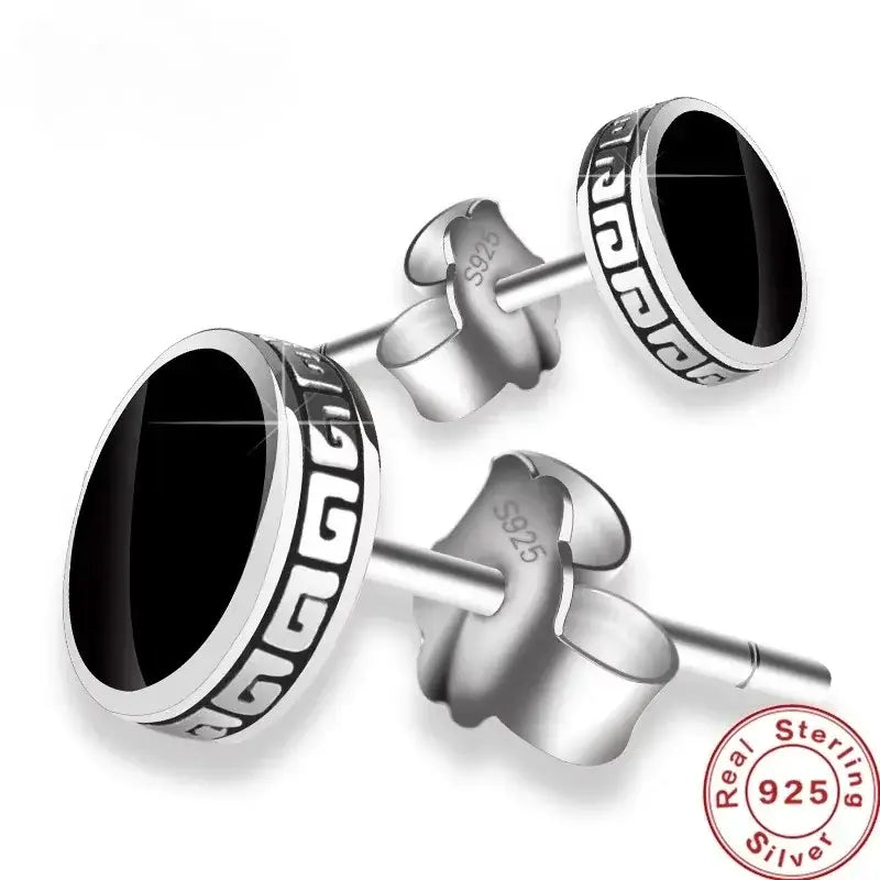 925 Silver Earrings Men Black Circle Single Simple Luxury Earring