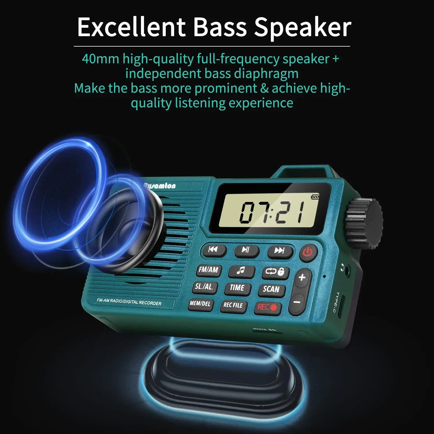 Portable AM/FM Radio Small Pocket with Bluetooth Bass Speaker Support Micro SD Card and Record Long Battery Life