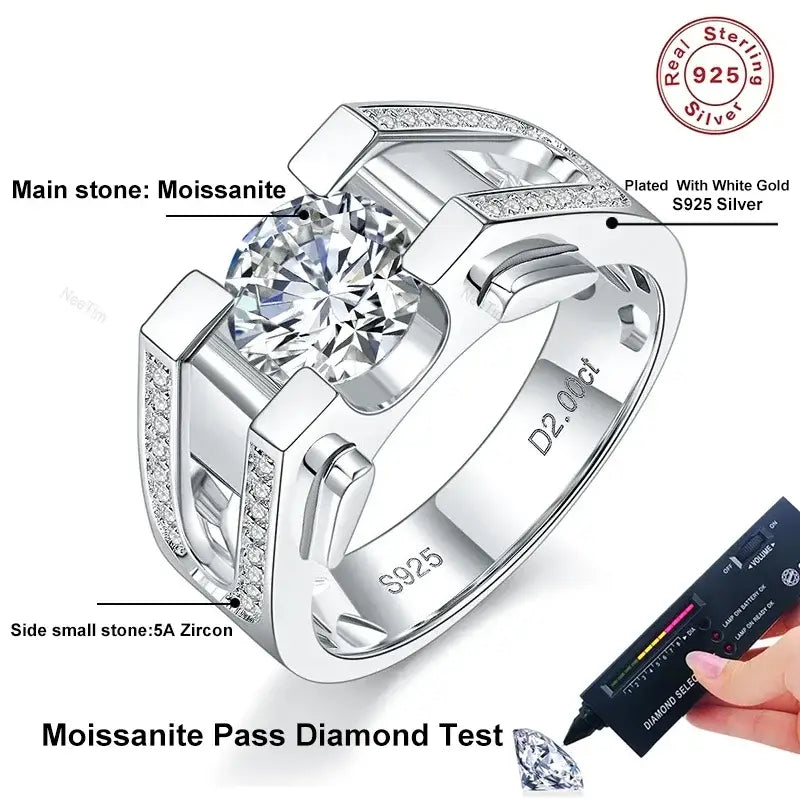 2ct Moissanite Diamond Men’s Rings 925 Sterling Silver White Gold 18K Brilliant Engagement Wedding Jewelry for Men