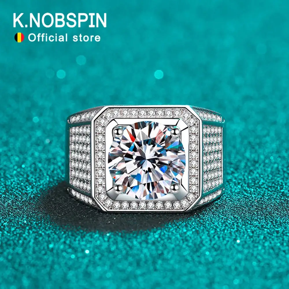 KNOBSPIN 5ct D Color Moissanite Ring 925 Sterling Sliver Plated 18k Eternity Band Hip Hop Rings for Man Party Sparkling