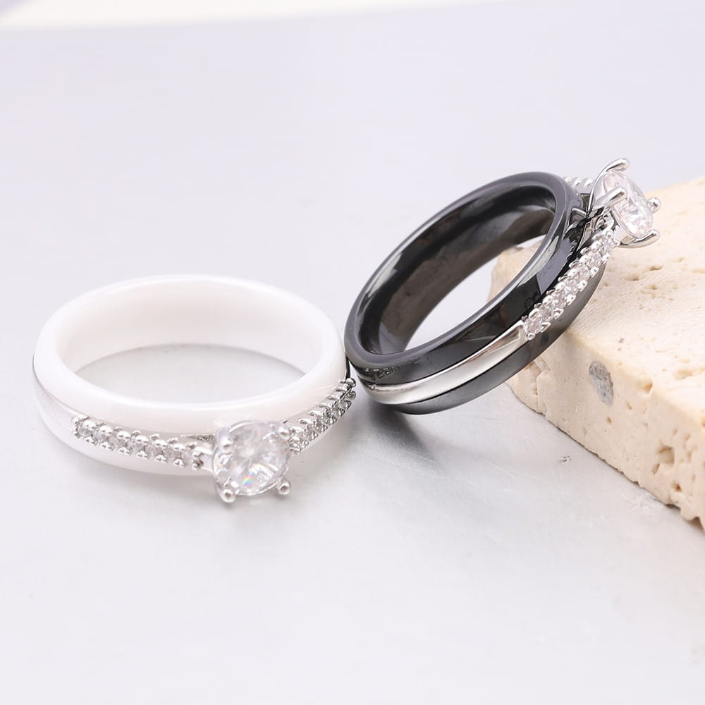 Kolmnsta 6mm Sparkling 4 Claws Round Zircon Ceramic Rings For Women Stainless Steel Engagement Wedding Bands Jewelry