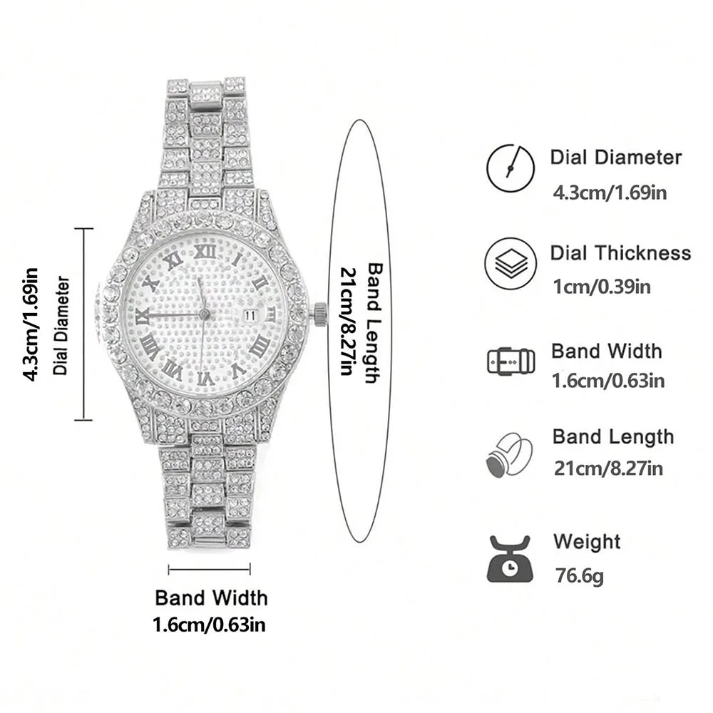 Exquisite Watch Set with Gift Box Cuban Chain Diamond Rhinestone Bracelet Pendant Cross Hip Hop Fashion Jewelry Men
