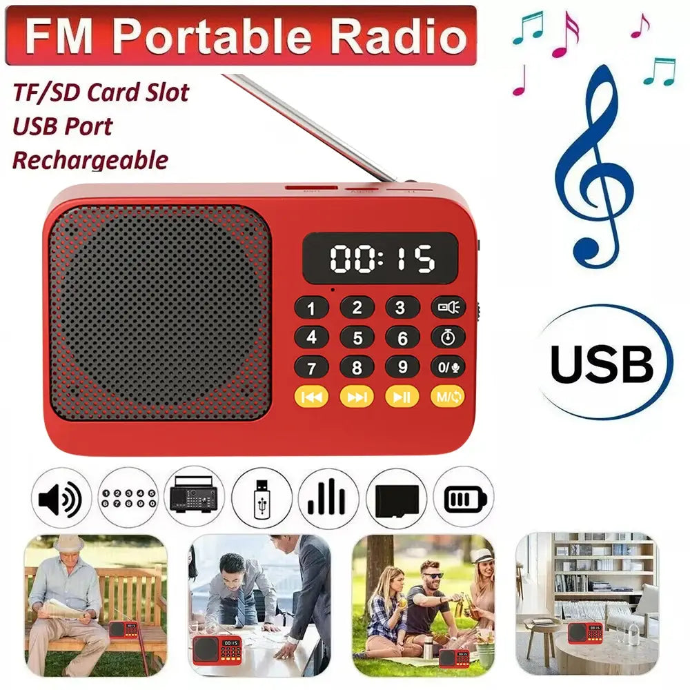 Red portable radio music player with FM, digital LED display, and controls