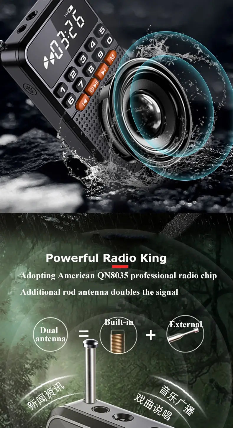 Portable FM Mini Radio Dual Antenna Pocket Receiver Bluetooth 5.0 Speaker TF Card Music Player with LED Flashlight