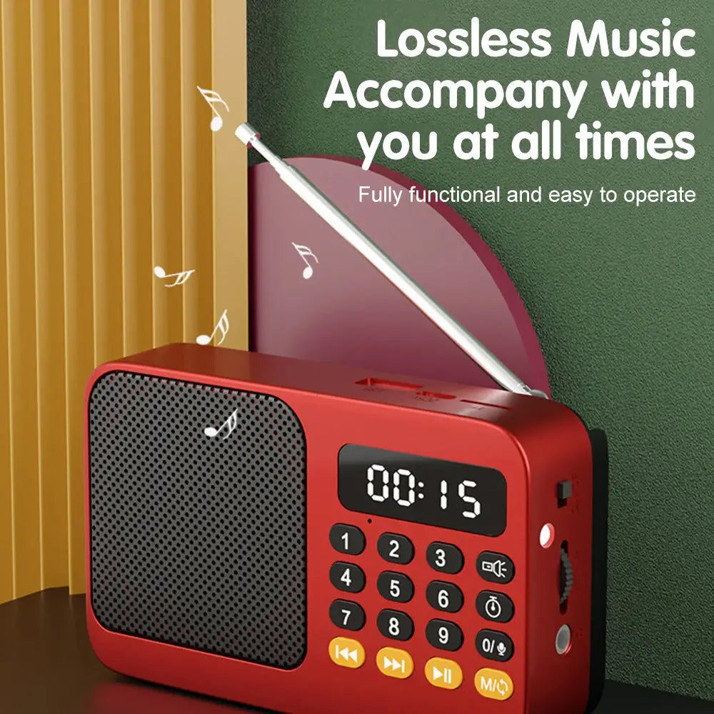 Red portable radio music player with silver antenna, black grille, and LED display showing 00:15.