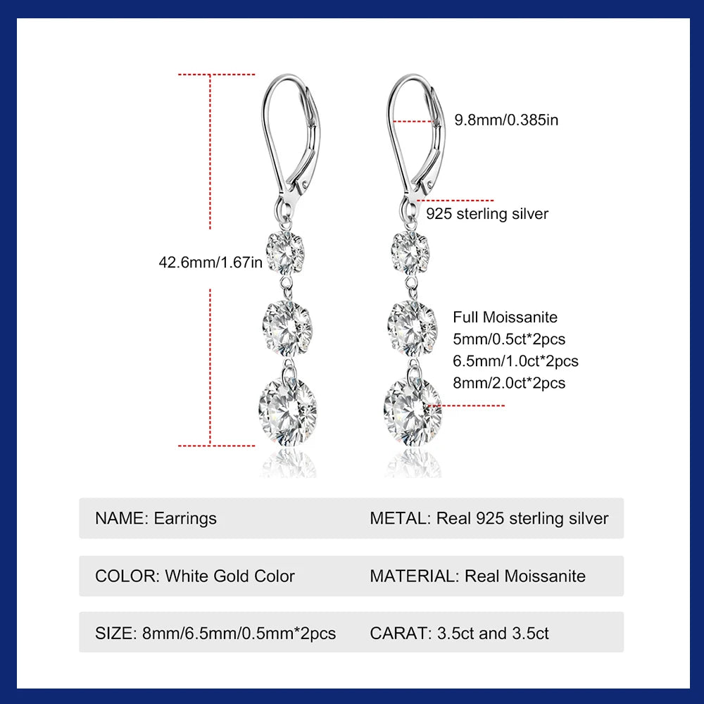 7 Carat Moissanite Dangle Earrings for Women D Color Lab Diamond Long Earring 925 Silver Hoops Wedding Engagement Fine