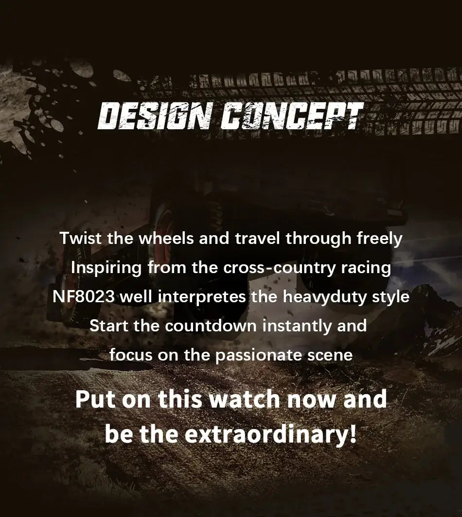 Naviforce brand men fashion quartz watch with black rugged face on dirt track