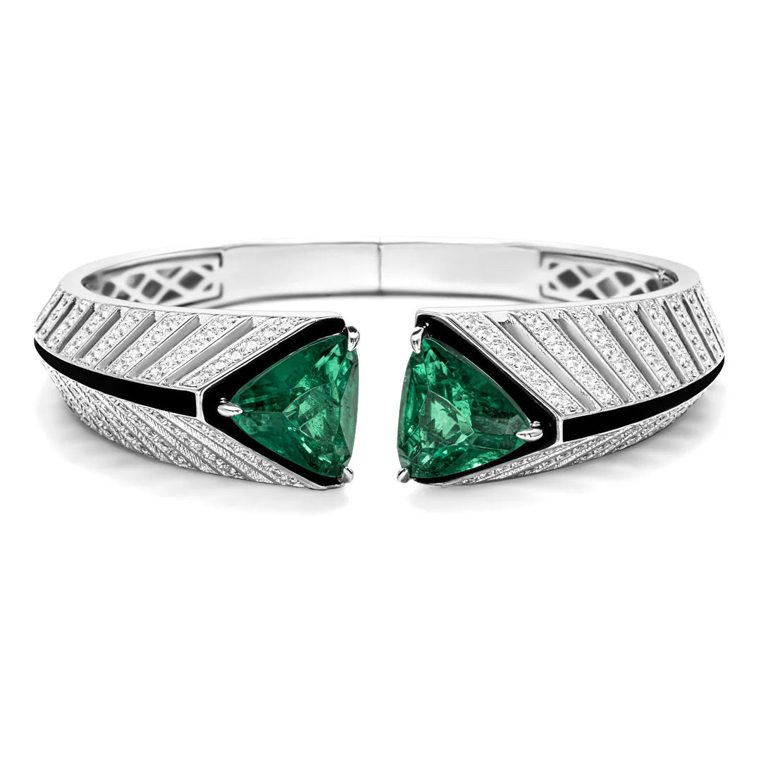Bellux Design 925 Sterling Silver Gold-plated Bracelet High Carbon Diamond Synthetic Emerald Art Fashion Bangle