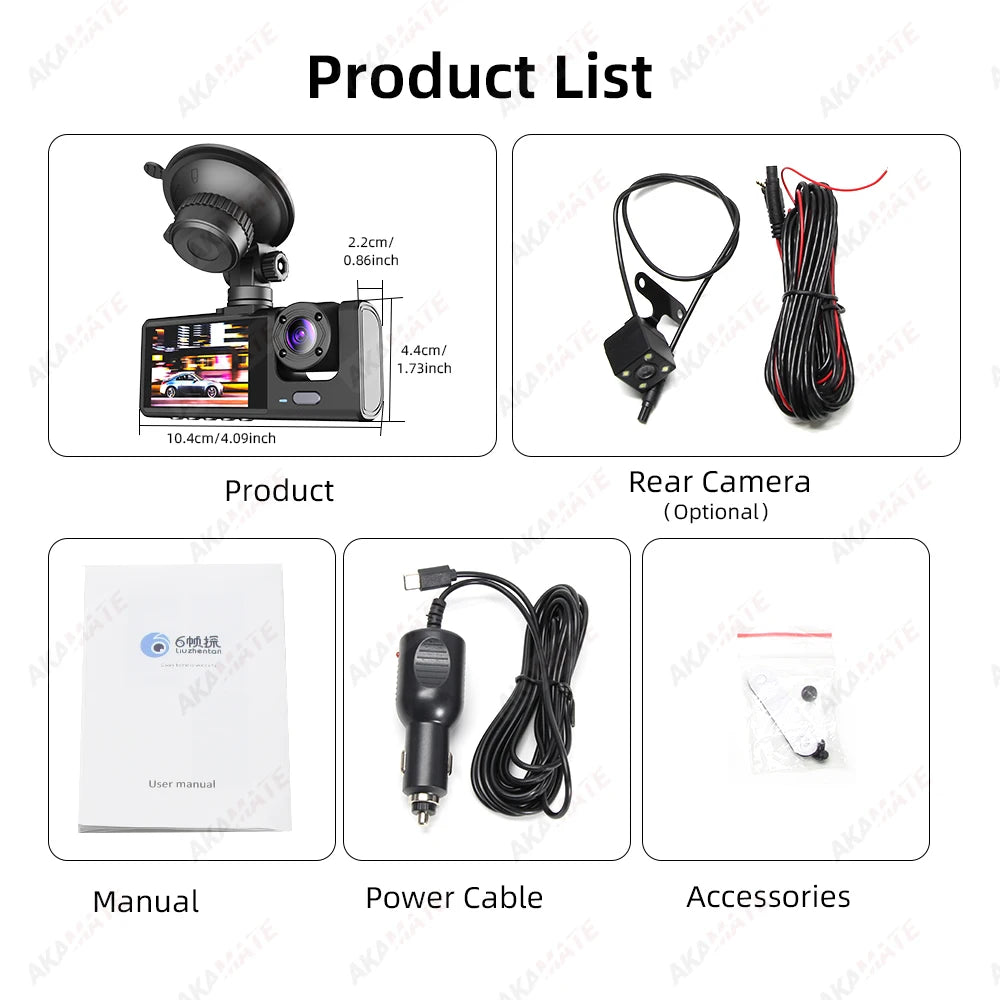 Car DVR 3 Cameras Recorder Rear Inside Vehicle 3-Lens Dash Cam Three Way Camera DVRs Dashcam Channel Video Camcorde