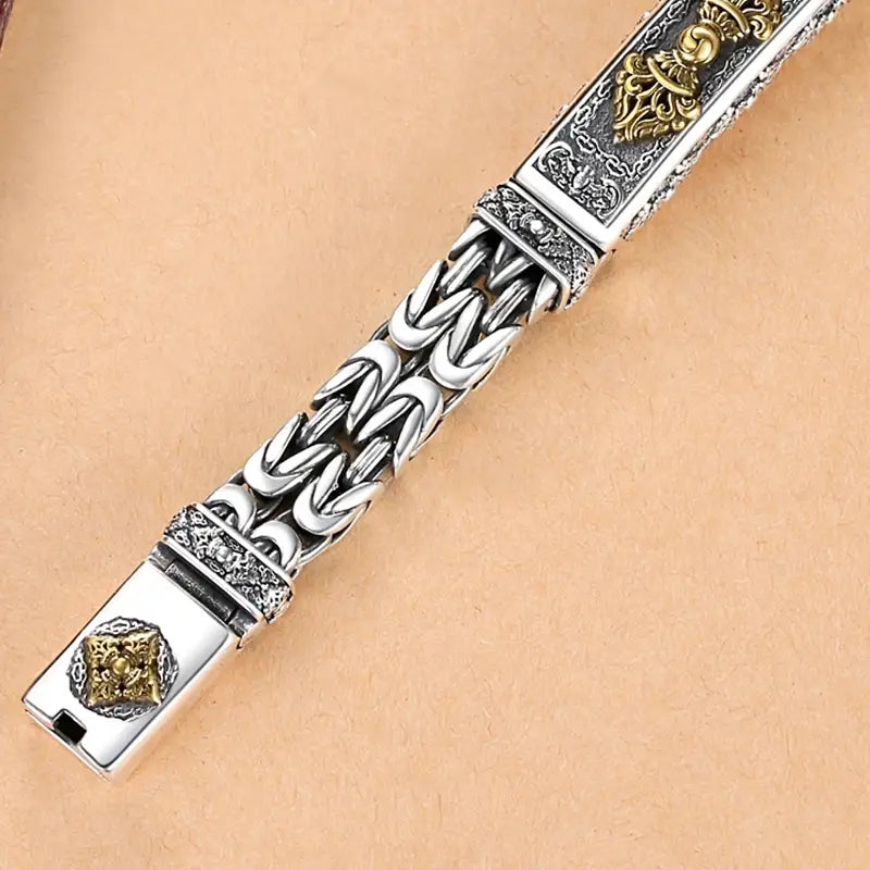 Real solid S925 silver retro men’s bracelet with gold accents and intricate chain design