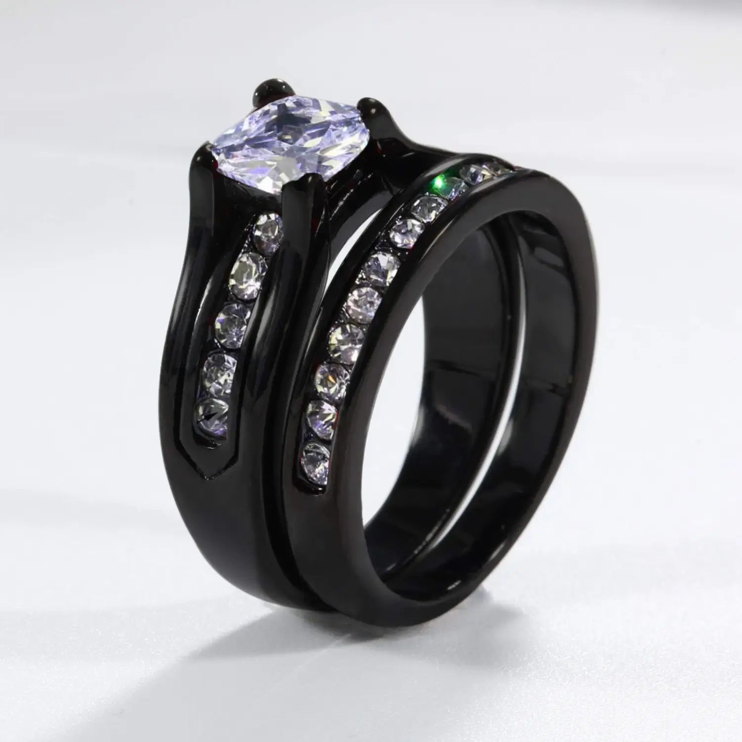Fashion Couple Rings Women’s White Rhinestones Zircon Ring Sets Men’s Stainless Steel Stones Wedding Band Jewelry