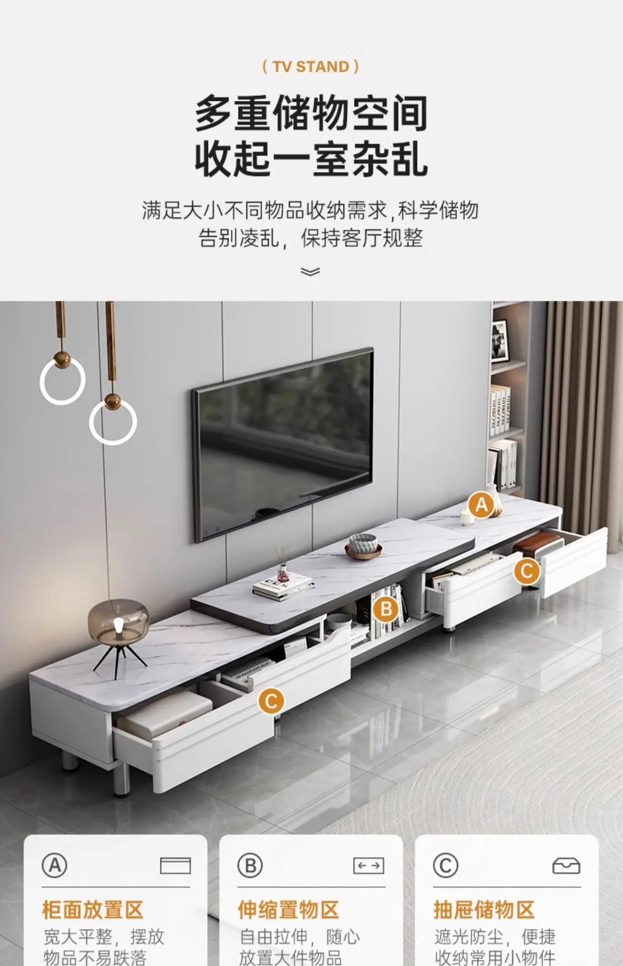 Modern LED TV Stand for Televisions Up Coffee Table Glass Shelves and Drawer Gaming Entertainment Center with Multiple