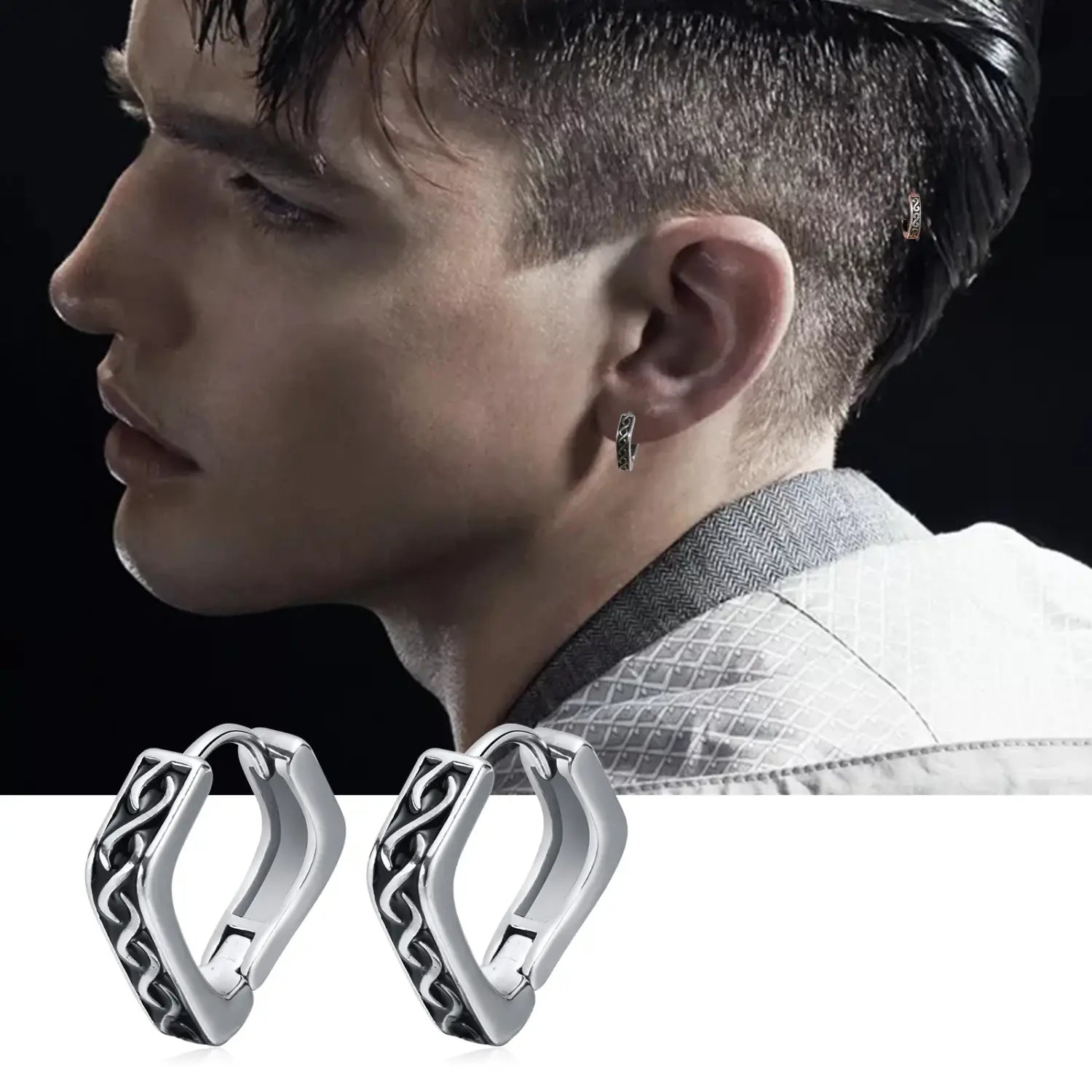 Stylish Geometric Hoop Earrings for Men Waterproof Stainless Steel Nordic Viking Rune Almut Rhombic Triangle Huggies