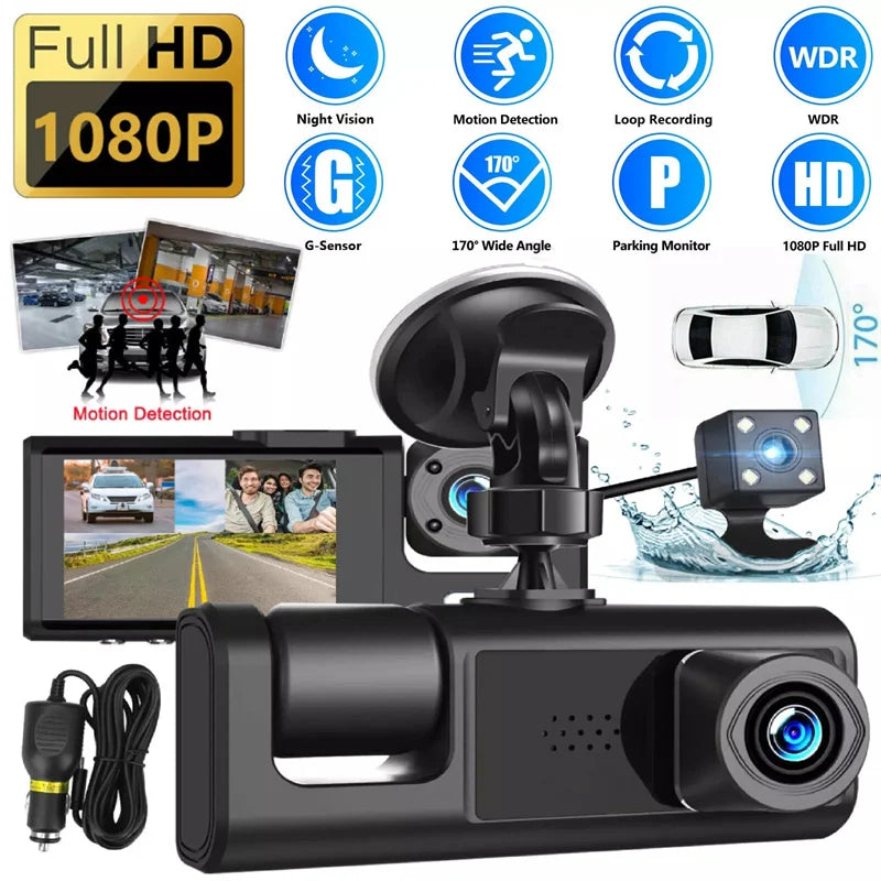 3 Channel Car DVR HD 1080P 3-Lens Inside Vehicle Dash CamThree Way Camera DVRs Recorder Video Registrator Dashcam