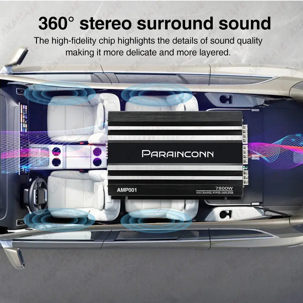 Black and silver Parainconn AMP001 7800W car audio stereo surround amplifier