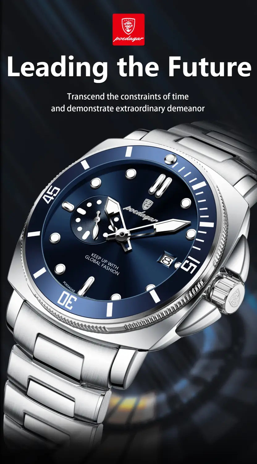 POEDAGAR Luxury Sports Man Wristwatch Luminous Waterproof Date Watch For Men Business Stainless Steel Quartz Men’s