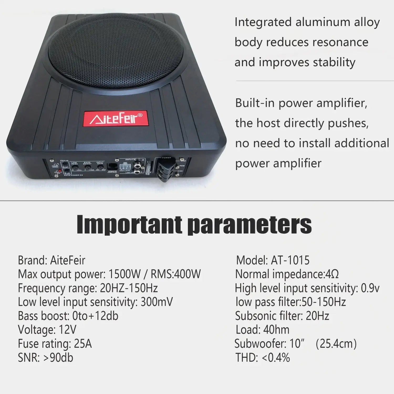 AiteFeir 10inch 1500W Universal Car Audio Active Subwoofer Speaker Maximum Power Square Ultra-Thin Auto