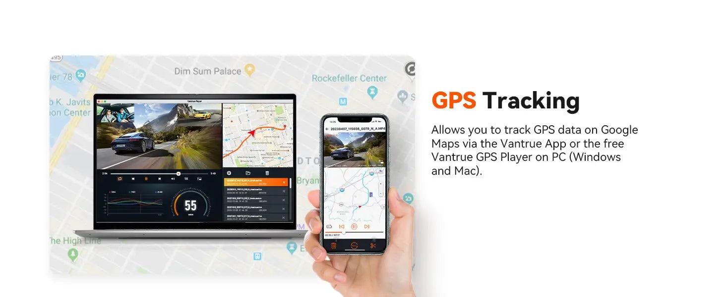 Handheld black smartphone showing 3-channel car DVR GPS map interface