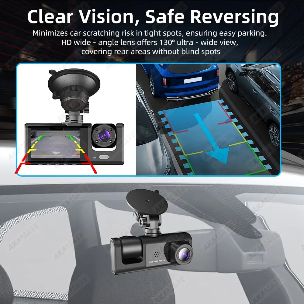 Car DVR 3 Cameras Recorder Rear Inside Vehicle 3-Lens Dash Cam Three Way Camera DVRs Dashcam Channel Video Camcorde