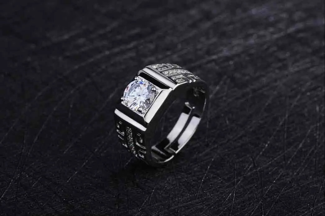 Sterling silver fine big crystal mens ring with square gem and geometric band