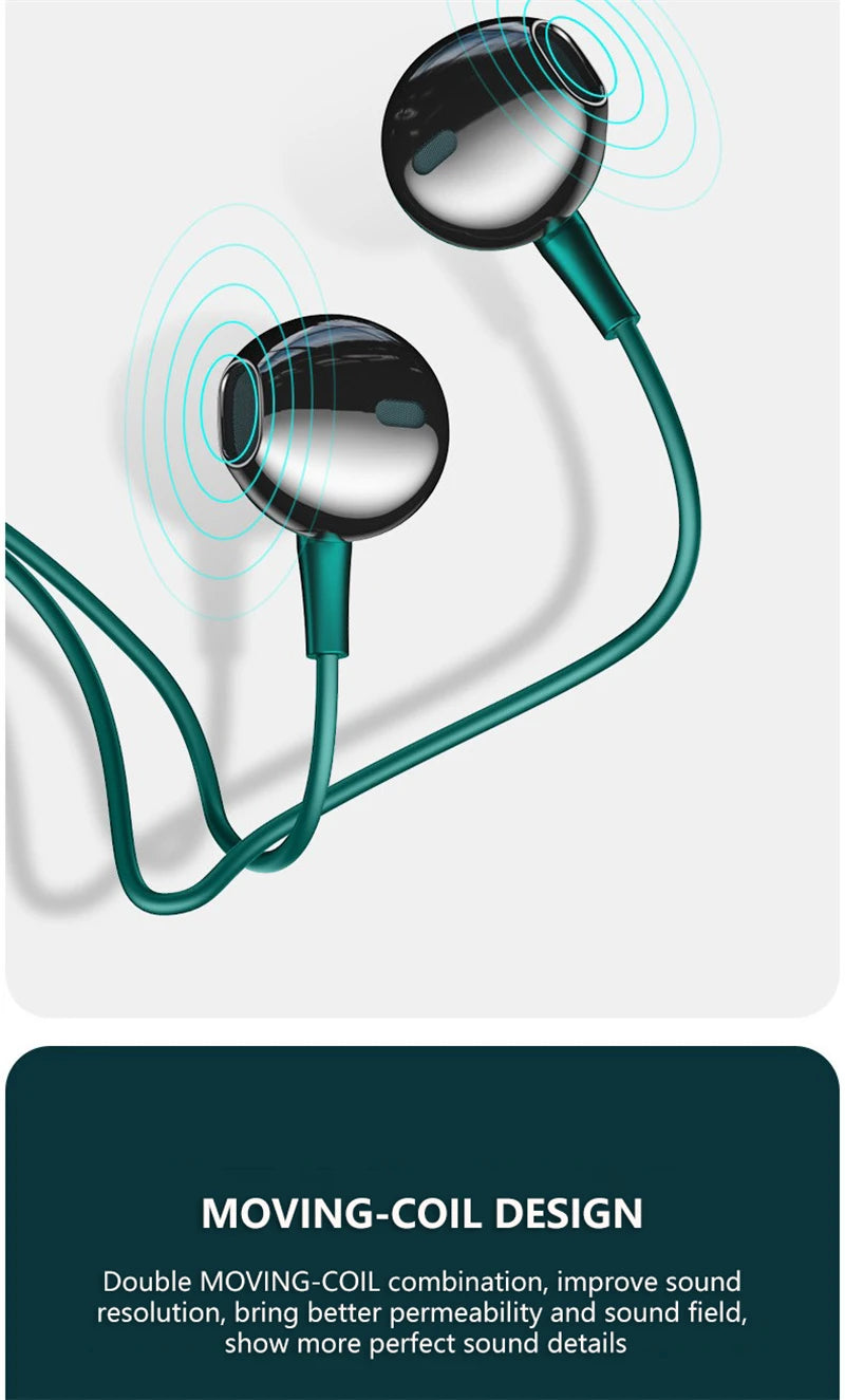 Teal wired ear headset with microphone bass HiFi glossy black earbuds