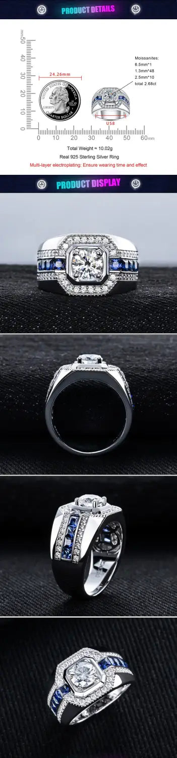 MossanRappr 1ct VVS1 Moissanite Men’ s Diamond Ring 925 Sterling Silver D Color Hip Hop Rings Iced out Fashion Jewelry