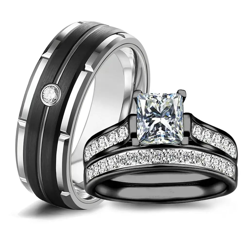 Fashion Couple Rings Women’s White Rhinestones Zircon Ring Sets Men’s Stainless Steel Stones Wedding Band Jewelry