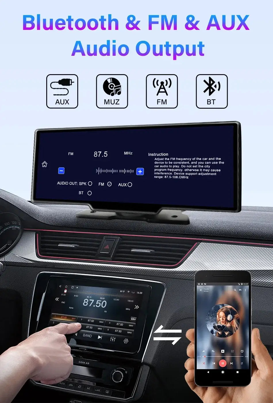 10.26’’ Black touchscreen car stereo with CarPlay Android Auto, FM radio display