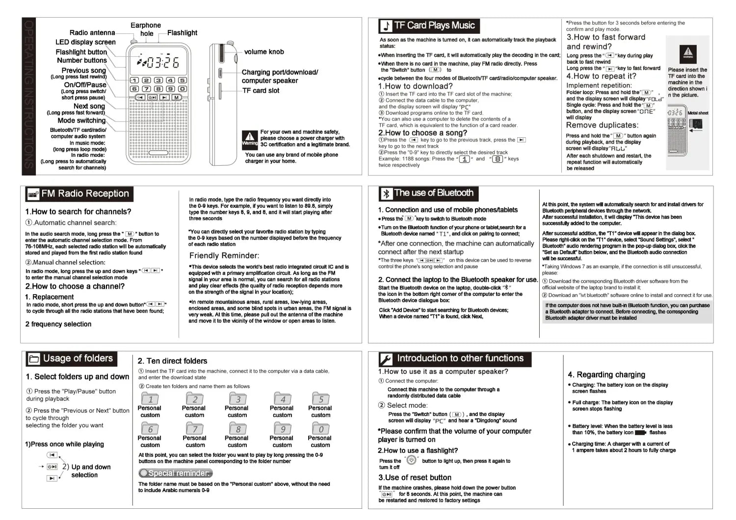 Portable FM Mini Radio Dual Antenna Pocket Receiver Bluetooth 5.0 Speaker TF Card Music Player with LED Flashlight