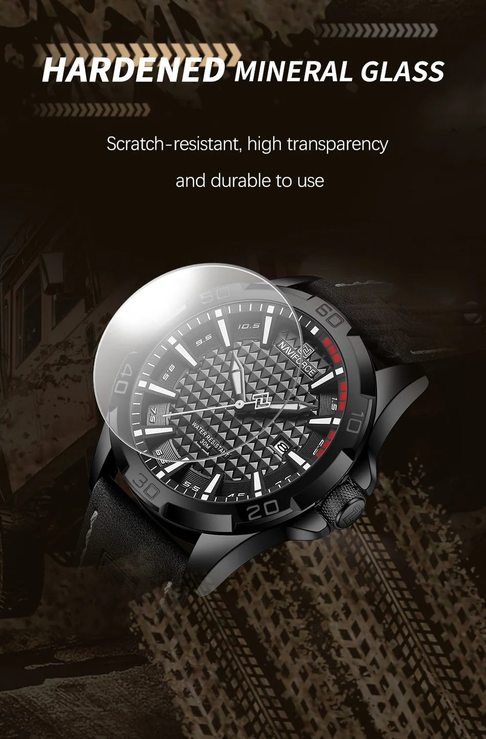 Naviforce brand men fashion quartz watch with black leather strap and textured mineral glass face