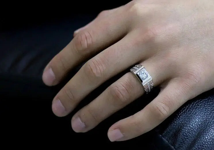 Sleek sterling silver fine big crystal men’s ring with square diamond