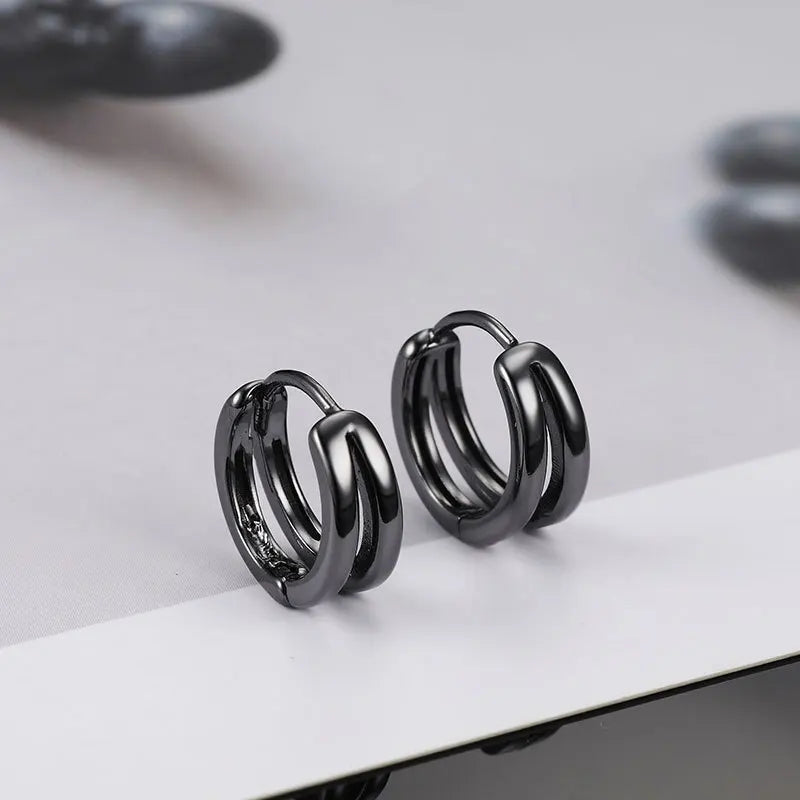 1 Pair Hollow Double Ring Small Hoop Earrings For Men Women New Trend Black Silver-color Hip Hop Party Gothic Ear