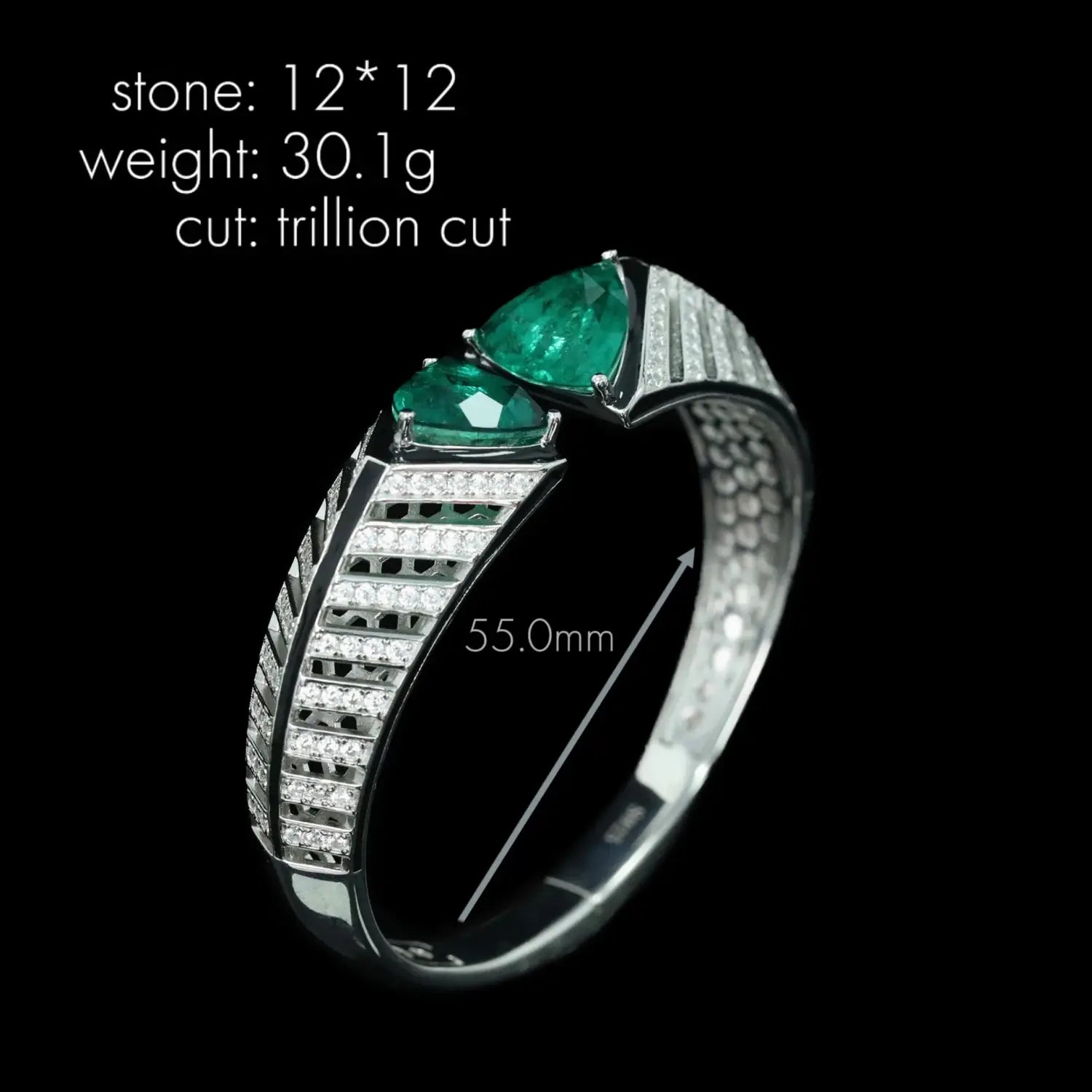 Bellux Design 925 Sterling Silver Gold-plated Bracelet High Carbon Diamond Synthetic Emerald Art Fashion Bangle