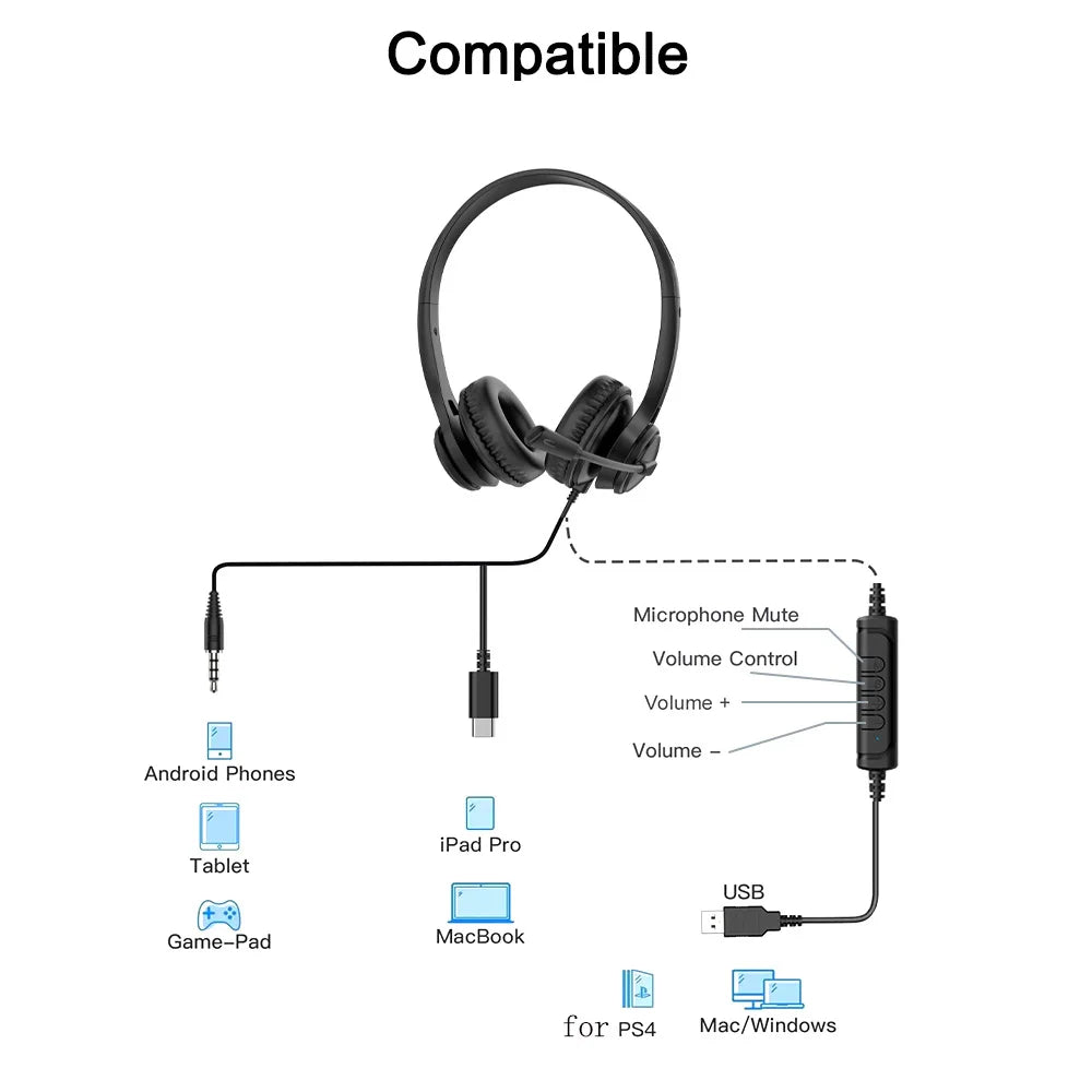Wired USB Headset Call Center Headphones with Microphone Noise Cancelling Over Gaming 3.5MM For Compute