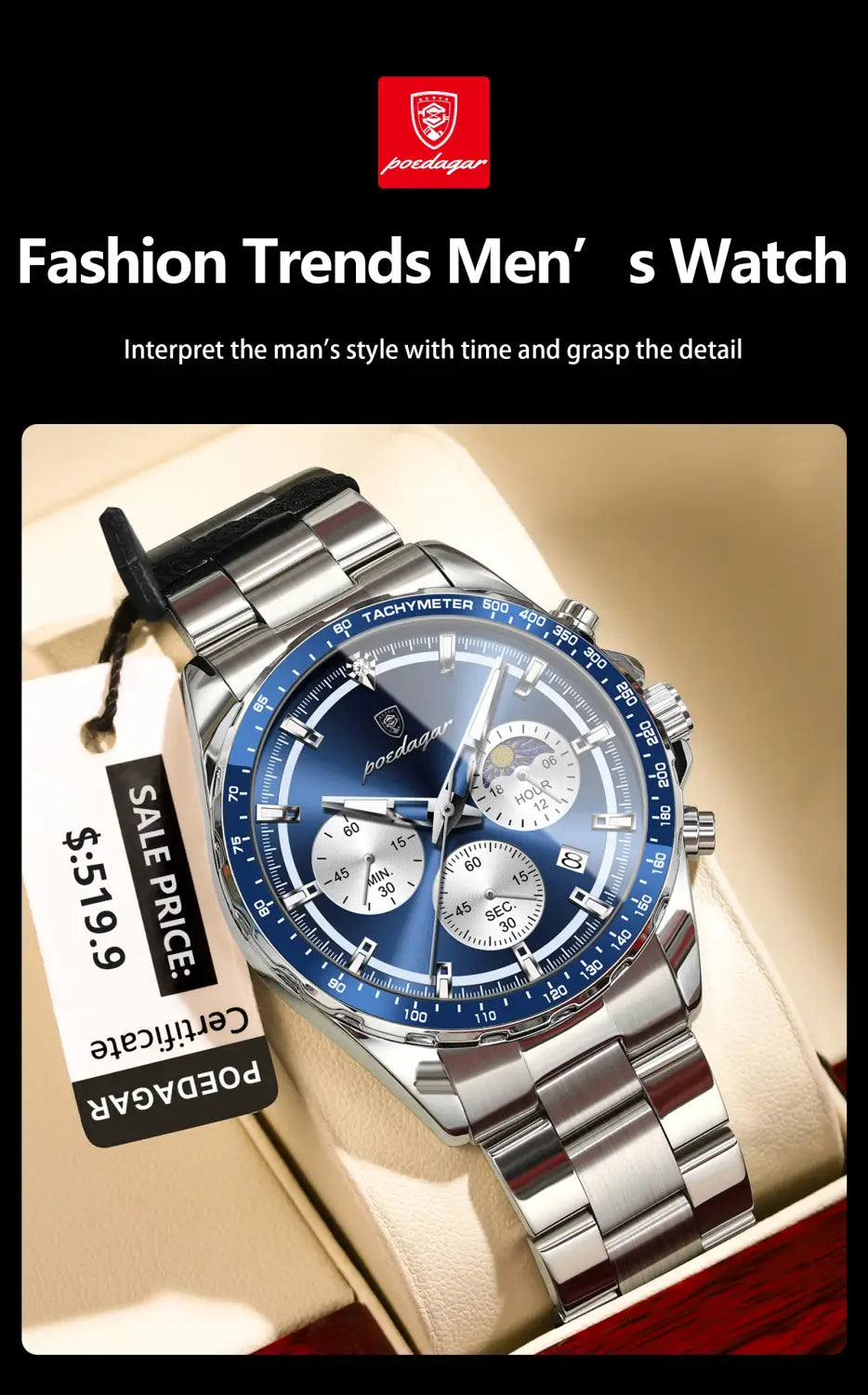 POEDAGAR Original Men Clock Sports Waterproof Luminous Chronograph Date Watch For Man Stainless Steel Quartz Men’s