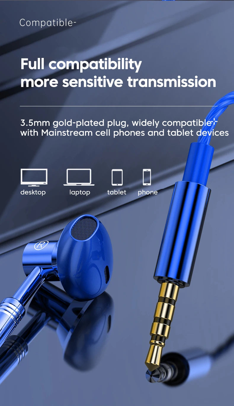 Metal Wired Earphones Sport Running Gaming Music Headphone 3.5mm In-Ear Headset with Microphone 9D Surround Sound