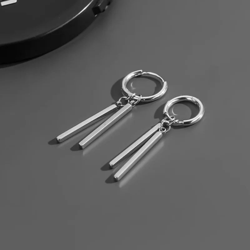 Trendy Men Earrings Minimalist Long Strip Double Stick 925 Sterling Silver Ear Buckle Male Cool Personality Dropping