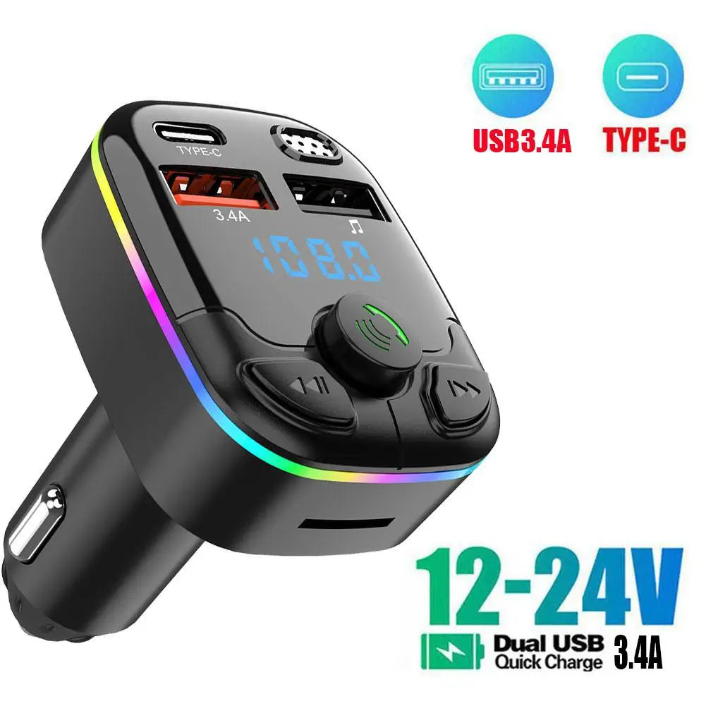 FM Transmitter PD Type-C Dual USB 3.1A Car Bluetooth 5.0 Fast Charger Colorful Ambient Light Handsfree MP3 Modulator