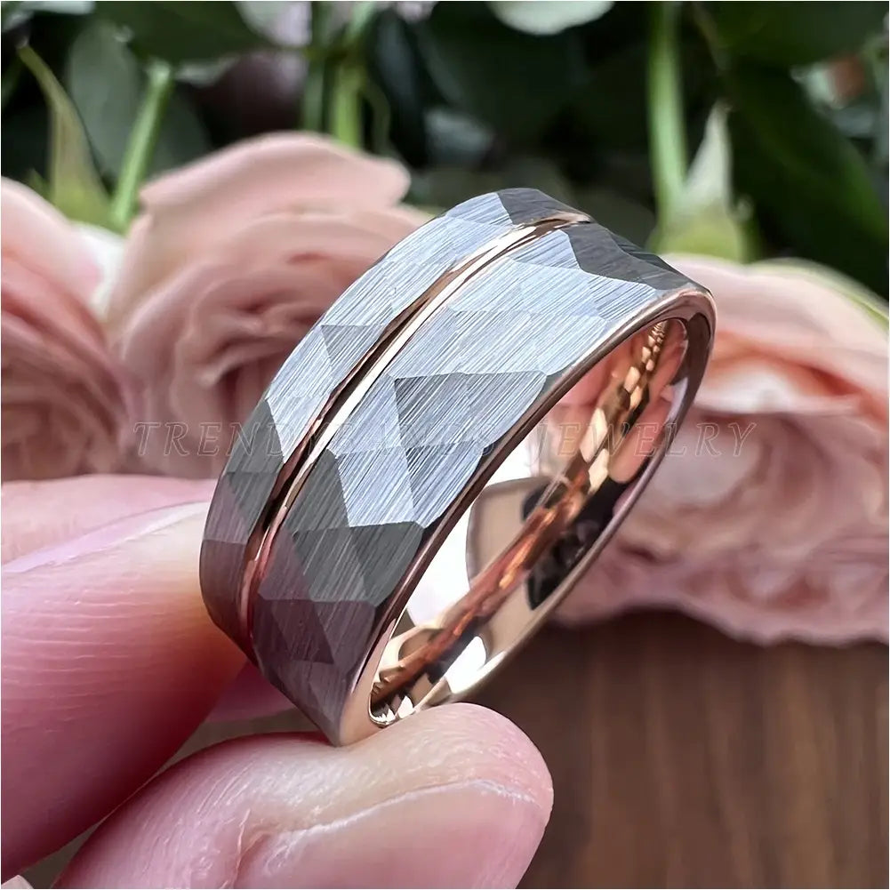 8mm Women Wedding Ring Tungsten Carbide Engagement Band Fashion Jewelry Hammered Brushed Finish Grooved Comfort Fit