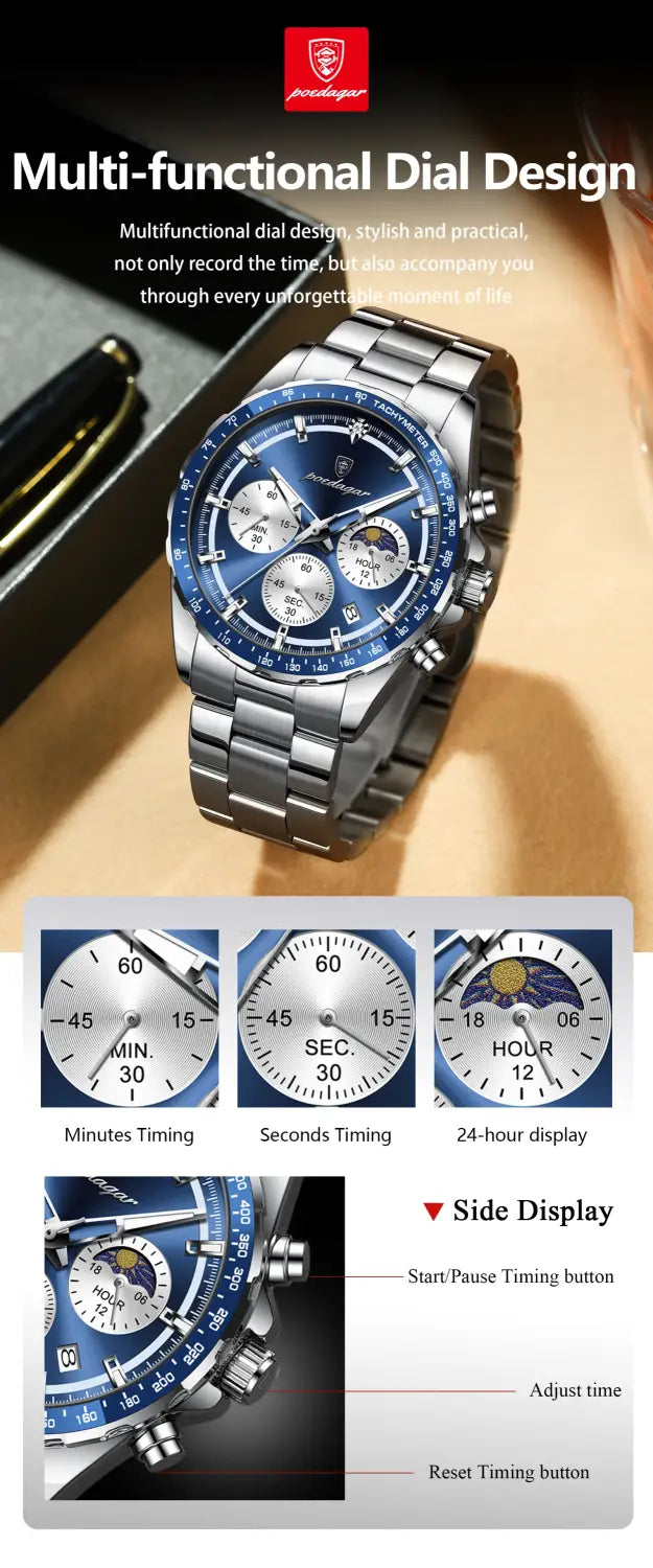 POEDAGAR Original Men Clock Sports Waterproof Luminous Chronograph Date Watch For Man Stainless Steel Quartz Men’s